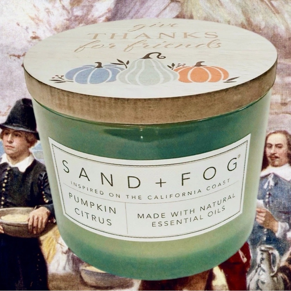 NEW! SAND + FOG Fall Autumn Thanksgiving Pilgrims Pumpkin Citrus Candle 12 Oz.